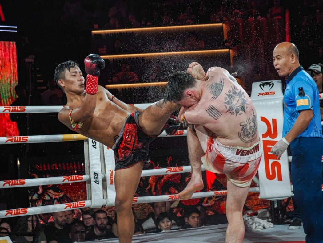muay thai fighter engages core and delivers a foots strike
